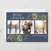 メリークリスマスネイビーブルー金ゴールド植物写真 シーズンカード (正面)