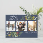 メリークリスマスネイビーブルー金ゴールド植物写真 シーズンカード (スタンド正面)