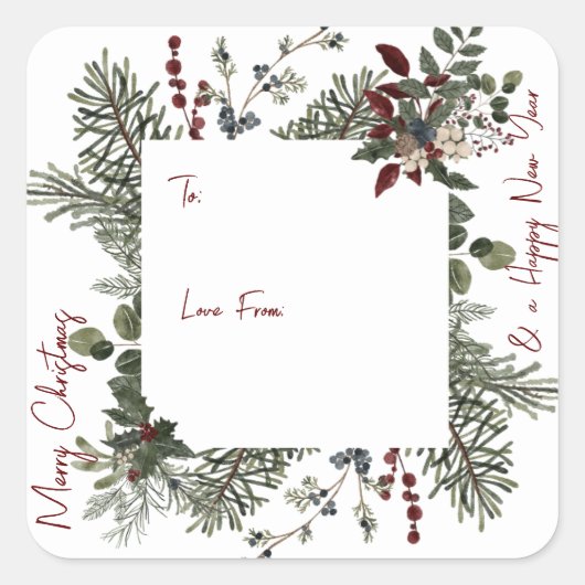 メリークリスマスネイビー水彩緑のモノグラム スクエアシール (正面)