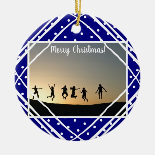 メリークリスマスネイビー白モダン写真 セラミックオーナメント (正面)