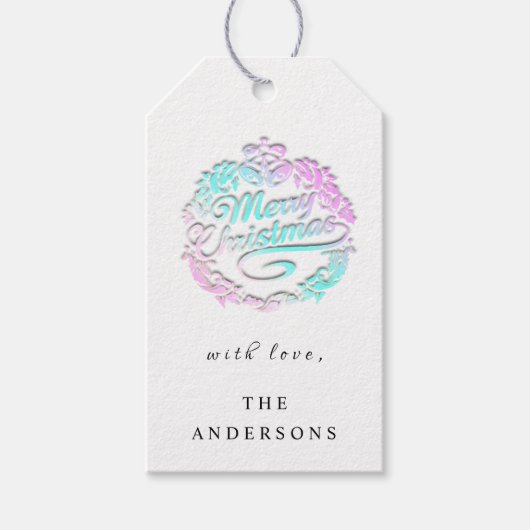メリークリスマスネームにリースベル王室のピンク ギフトタグ (正面)