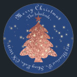 メリークリスマスネームツリーRSVPバラ金ゴールドブルーネイビー ラウンドシール<br><div class="desc">クリスマスブランディングデコール繊細なスクリプトは、このデザインを特徴とする。 florenceK</div>