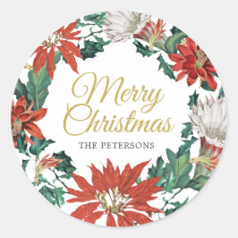メリークリスマスネームフローラポインセチアリース ラウンドシール