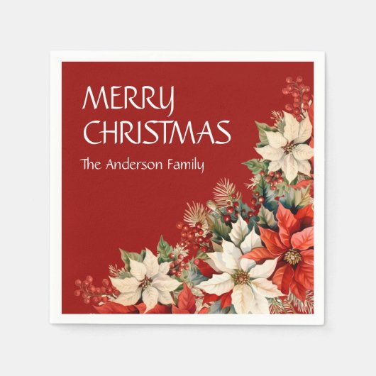 メリークリスマスネームポインセティアス スタンダードカクテルナプキン (正面)