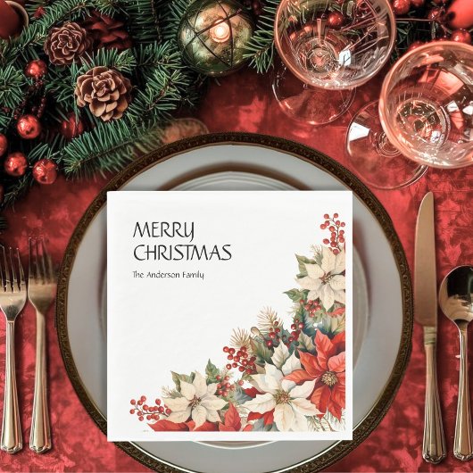 メリークリスマスネームポインセティアス スタンダードランチョンナプキン