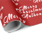 メリークリスマスネーム赤シンプル白モダン ラッピングペーパー (ロールコーナー)