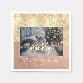 メリークリスマスネーム金ゴールドグリッターフォトバラスター スタンダードカクテルナプキン