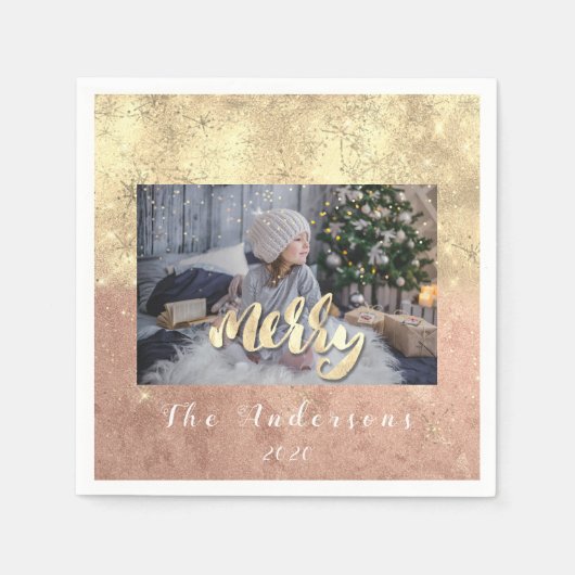 メリークリスマスネーム金ゴールドグリッターフォトバラスター スタンダードカクテルナプキン (正面)