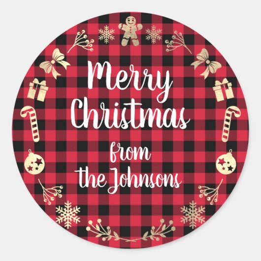 メリークリスマスネーム金ゴールドバッファローレッドプレイド ラウンドシール (正面)
