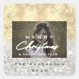 メリークリスマスネーム金ゴールド雪グリッターフォトグレー スクエアシール
