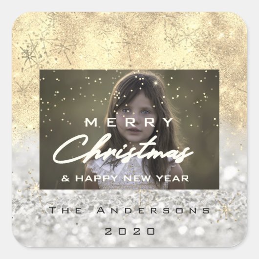 メリークリスマスネーム金ゴールド雪グリッターフォトグレー スクエアシール (正面)