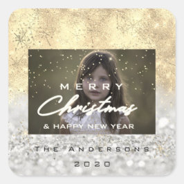 メリークリスマスネーム金ゴールド雪グリッターフォトグレー スクエアシール