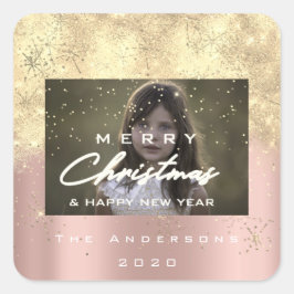 メリークリスマスネーム金ゴールド雪グリッター写真バラ スクエアシール