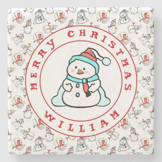 メリークリスマスネーム雪だるまホワイト ストーンコースター (正面)