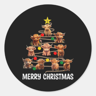 メリークリスマスハイランドカウウエスタンクリスマスツリーパージ ラウンドシール