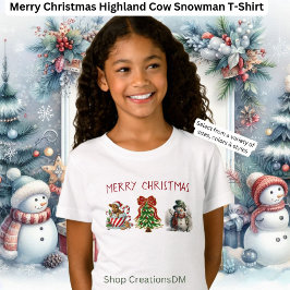 メリークリスマスハイランドカウズ雪だるま Tシャツ