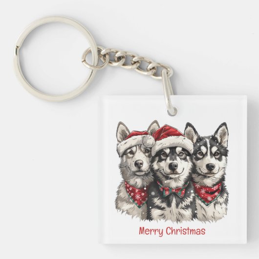 メリークリスマスハスキー犬 キーホルダー (正面)