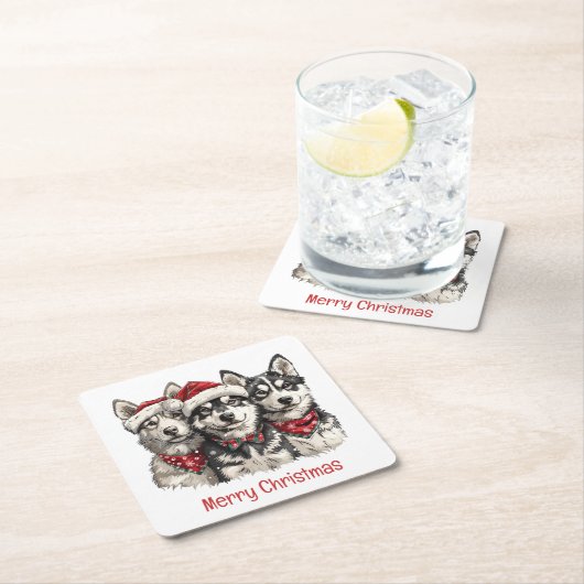 メリークリスマスハスキー犬 スクエアペーパーコースター (インサイチュ)