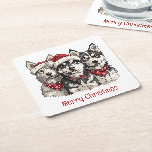 メリークリスマスハスキー犬 スクエアペーパーコースター (アングル)