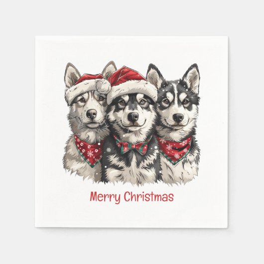 メリークリスマスハスキー犬 スタンダードカクテルナプキン (正面)
