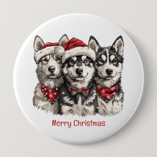 メリークリスマスハスキー犬 缶バッジ (正面)