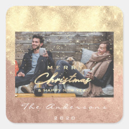 メリークリスマスハッピーイヤー星バラ金ゴールド写真 スクエアシール