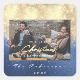 メリークリスマスハッピーイヤー星ブルー金ゴールド写真 スクエアシール