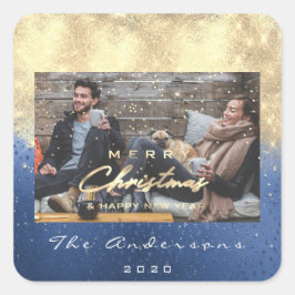 メリークリスマスハッピーイヤー星ブルー金ゴールド写真 スクエアシール
