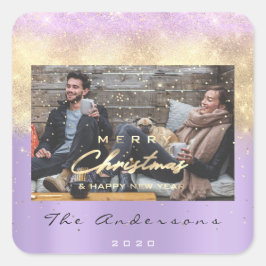 メリークリスマスハッピーイヤー星紫色の金ゴールド写真 スクエアシール