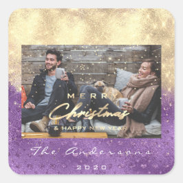 メリークリスマスハッピーイヤー星紫色の金ゴールド写真 スクエアシール