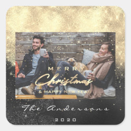 メリークリスマスハッピーイヤー星黒い金ゴールド写真 スクエアシール