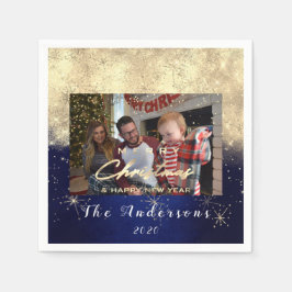 メリークリスマスハッピーイヤー金ゴールドグリッターフォトネイビー スタンダードカクテルナプキン