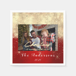 メリークリスマスハッピーイヤー金ゴールドフォトホワイトレッド スタンダードカクテルナプキン