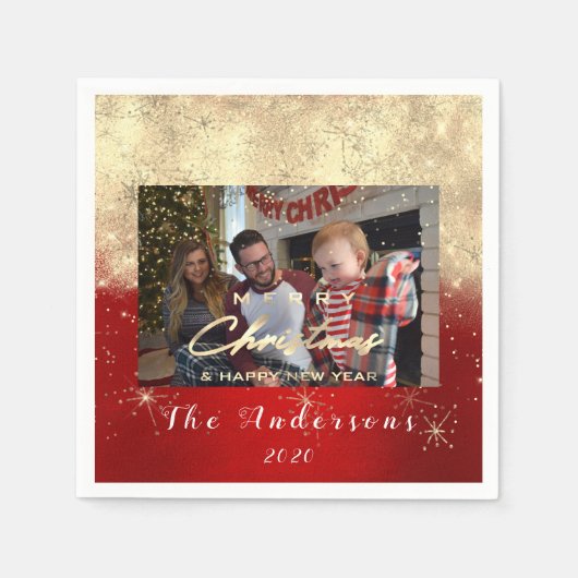 メリークリスマスハッピーイヤー金ゴールドフォトホワイトレッド スタンダードカクテルナプキン (正面)