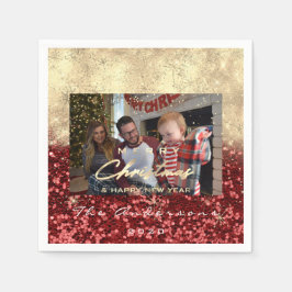 メリークリスマスハッピーイヤー金ゴールドフォトレッドグリッター スタンダードカクテルナプキン