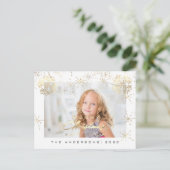 メリークリスマスハッピーイヤー金ゴールド白雪写真 ポストカード (スタンド正面)