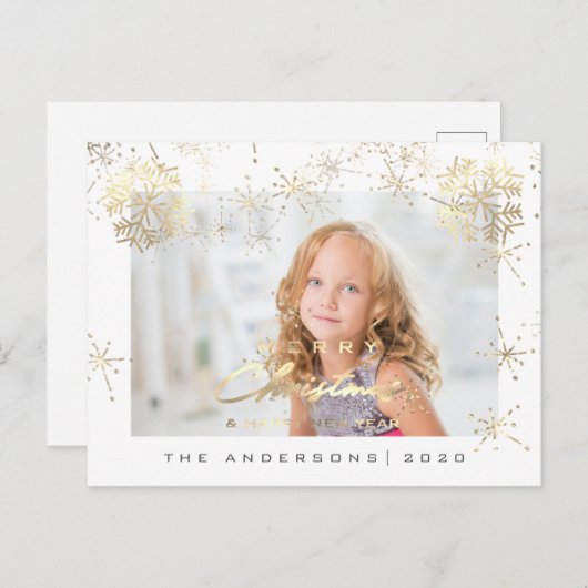 メリークリスマスハッピーイヤー金ゴールド白雪写真 ポストカード (正面/裏面)