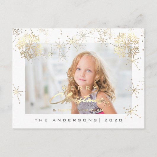 メリークリスマスハッピーイヤー金ゴールド白雪写真 ポストカード (正面)