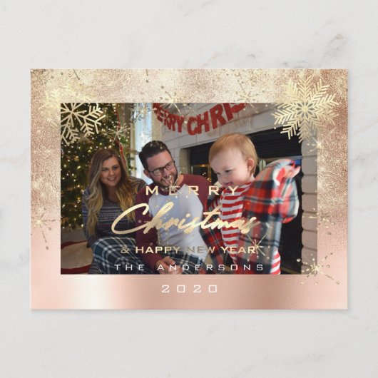 メリークリスマスハッピーイヤー金ゴールド雪グリッター写真 ポストカード (正面)