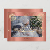 メリークリスマスハッピーイヤー金ゴールド雪バラ写真 ポストカード (正面/裏面)