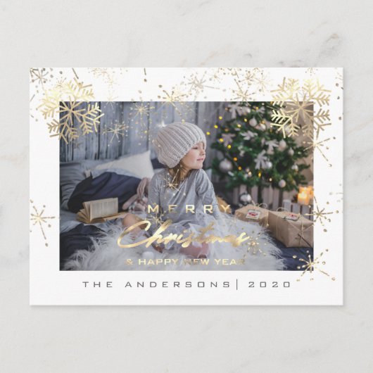 メリークリスマスハッピーイヤー金ゴールド雪片写真 ポストカード (正面)