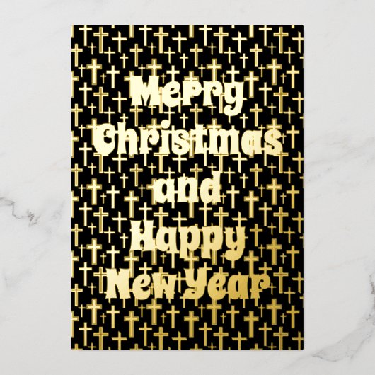 メリークリスマスハッピーニアイヤーのクロスブラック&金ゴールド 箔シーズンカード (正面)