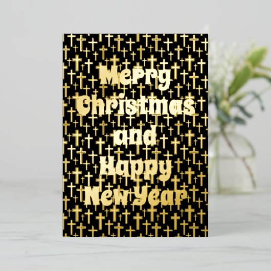 メリークリスマスハッピーニアイヤーのクロスブラック&金ゴールド 箔シーズンカード (立ち正面)