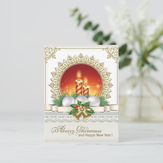 メリークリスマスハッピーニューイヤーのクリスマスオーナメント ポストカード (スタンド正面)