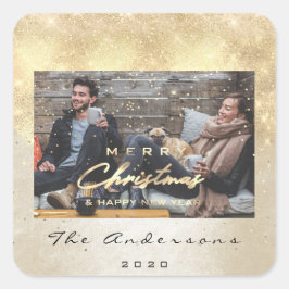 メリークリスマスハッピーニューイヤーアイボリー金ゴールド写真 スクエアシール