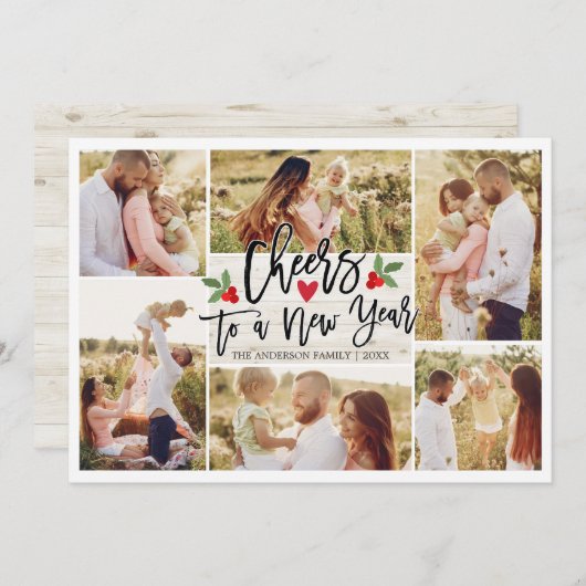 メリークリスマスハッピーニューイヤーウッドフォトコラージュ シーズンカード (正面/裏面)