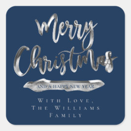 メリークリスマスハッピーニューイヤーエレガントブルーシルバー スクエアシール