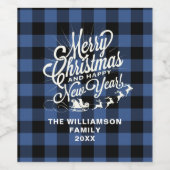 メリークリスマスハッピーニューイヤークラシックブルーチェック ワインラベル (シングルラベル)