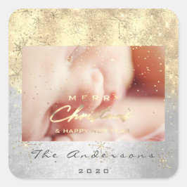 メリークリスマスハッピーニューイヤーシルバー金ゴールド写真 スクエアシール