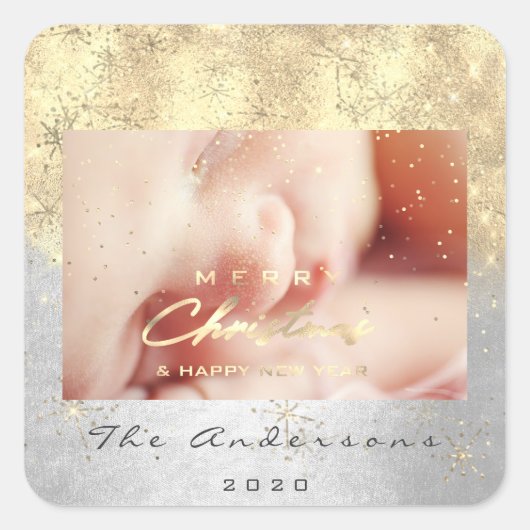 メリークリスマスハッピーニューイヤーシルバー金ゴールド写真 スクエアシール (正面)